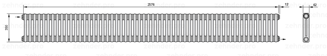 Схема (чертеж) Радиатор Zehnder Charleston 2035/56 №1670 Белый глянцевый RAL 9016